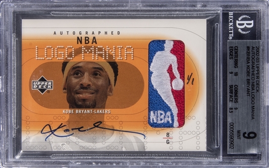2002-03 Upper Deck "Autographed NBA Logo Mania" #KBNBA Kobe Bryant Signed Game Used Patch Card (#1/1) – Kobes First Logoman Card! – BGS MINT 9/BGS 10